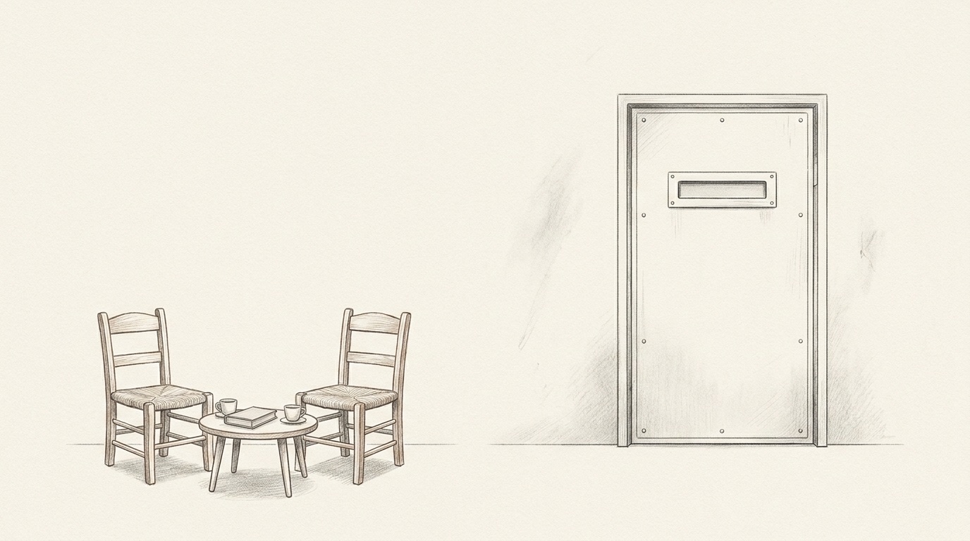Editorial black-and-white image: a cold mechanical dispensing slot on one side, two chairs facing each other across a small table on the other, the vending machine and the thinking partner.
