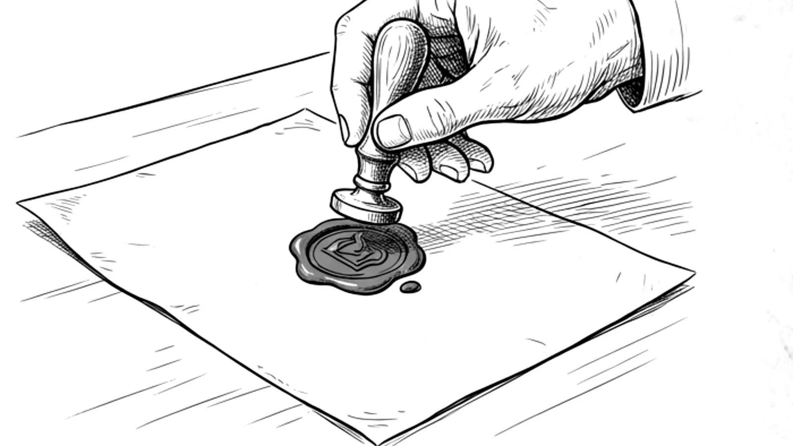A hand pressing a wax seal onto a sheet of paper, the image of certifying something as genuine.