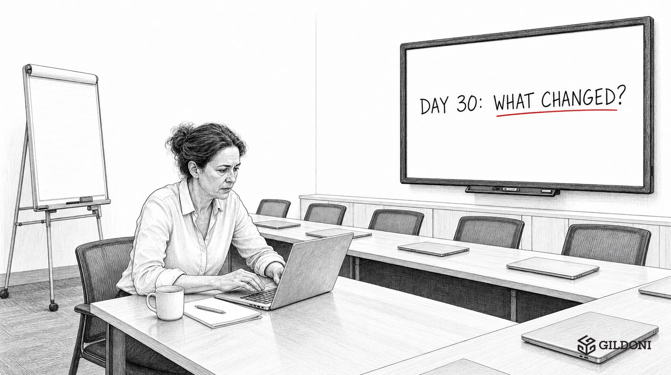Pencil-sketch illustration: an emptied training room, one person still working at her laptop, the wall board asking Day 30: what changed?